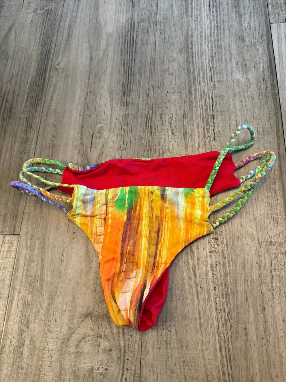 San Lorenzo Reversible Braided Strap Bikini Bottoms Multi Red Brazilian Cut